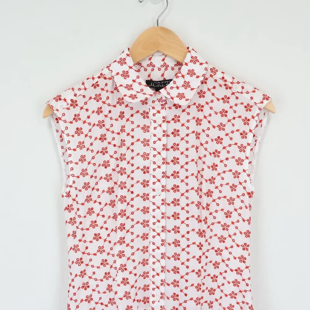 J.Crew Mini Button Front Eyelet Shirtdress Crimson Red On White Size 2 NWT